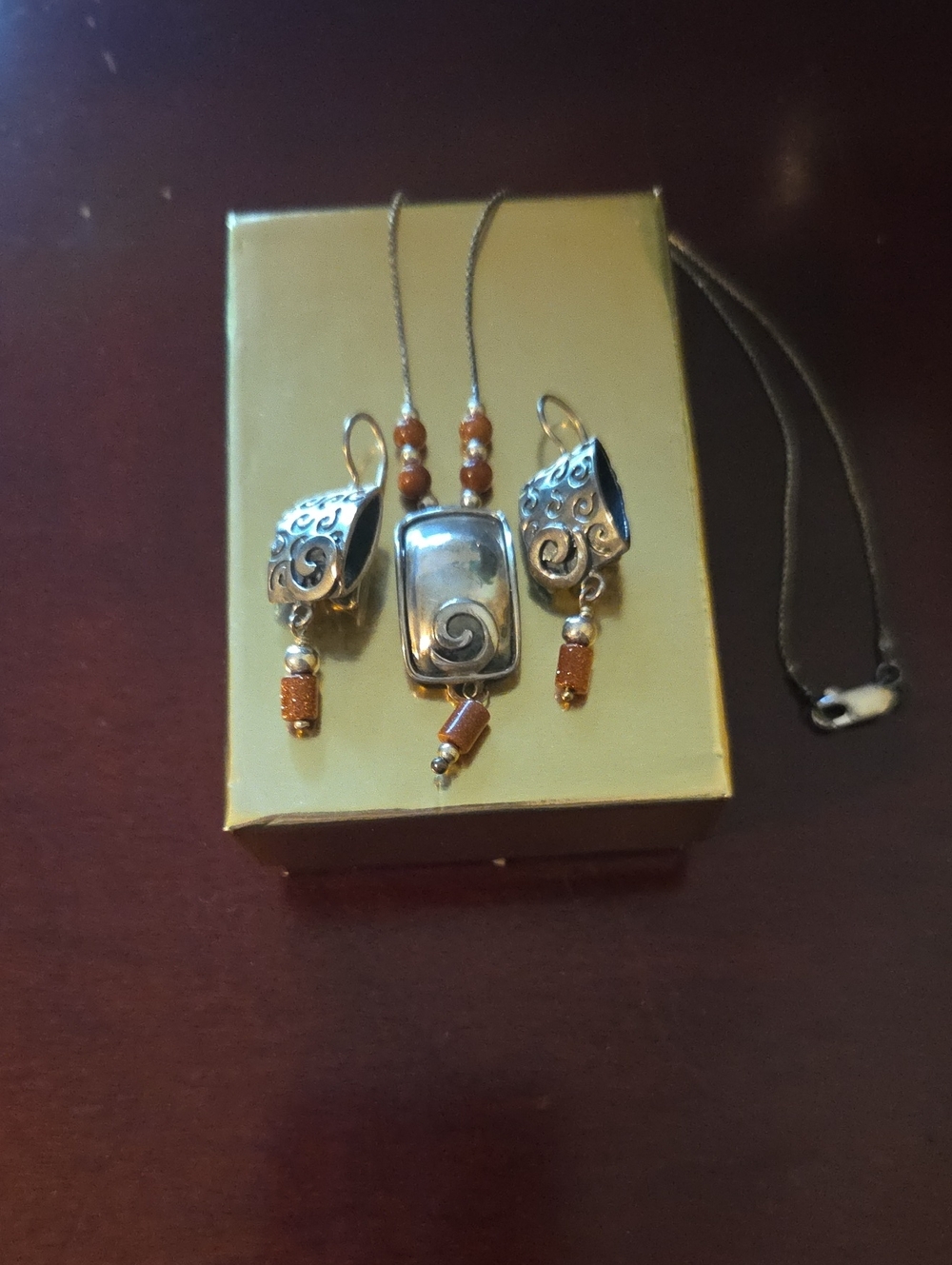Silpada Sterling 925 Silver Etched Swirl Sandstone Dangle Earrings Necklace Set